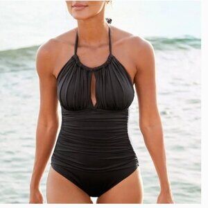Kenneth Cole Reaction Black Halter Neck Ruched Swimsuit - Size 1X